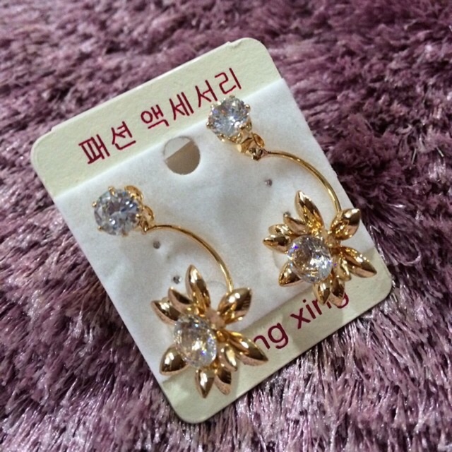 ANTING GIWANG BUNGA EMAS KRISTAL MUTIARA FASHION IMPORT KOREA MEWAH PESTA AKSESORIS KALUNG GELANG