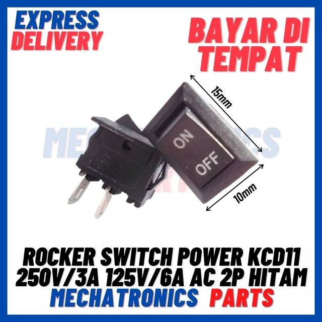 [SWI-9096] ROCKER SWITCH SAKLAR POWER KCD11 10X15MM 250V/3A 125V/6A AC 2 PIN SPST HITAM