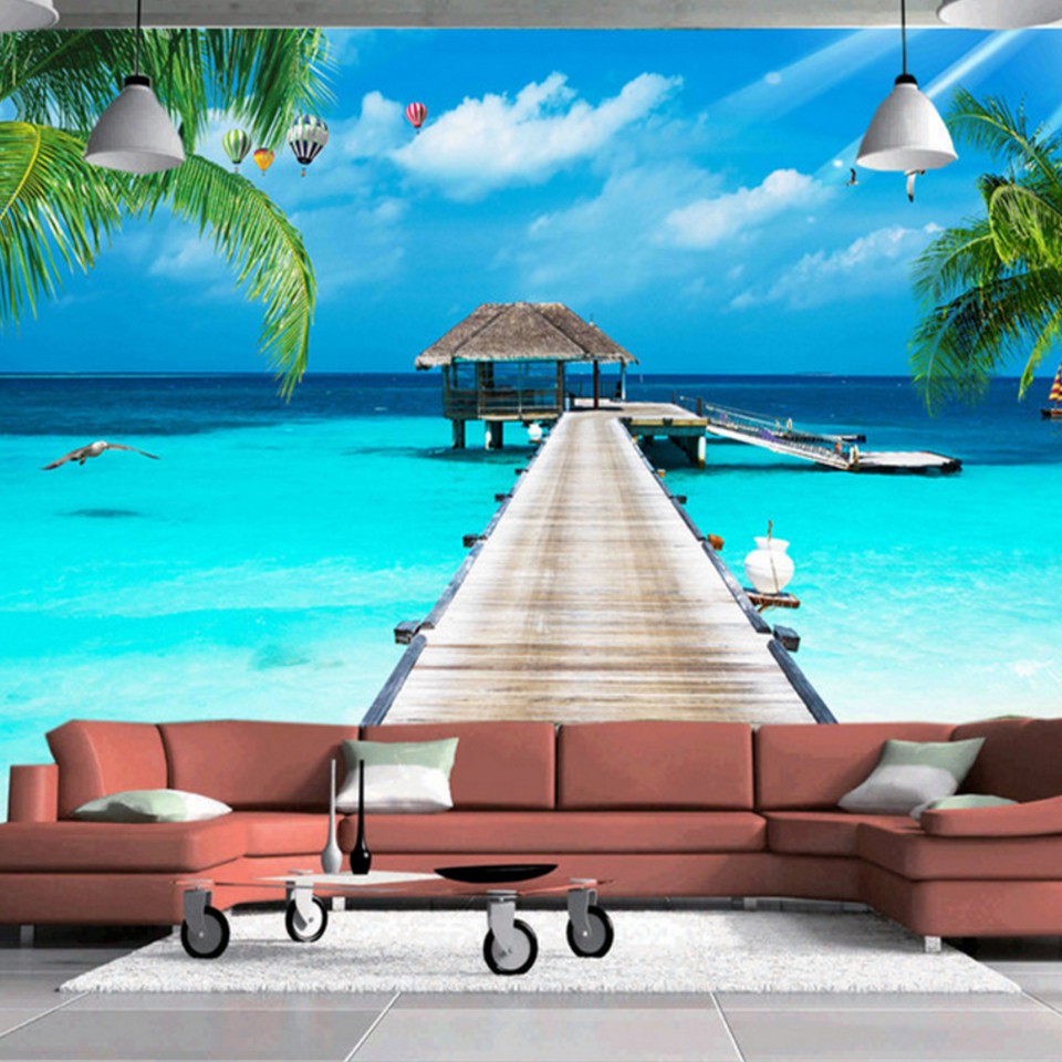 Kustom 3d Foto Wallpaper Balkon Pantai Pemandangan Laut 3d Ruang