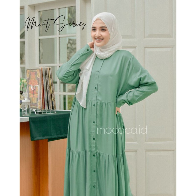 Gamis polos premium Babydoll Lady Dress Rayon Twill Full Kancing busui soft mint hijau pastel adem