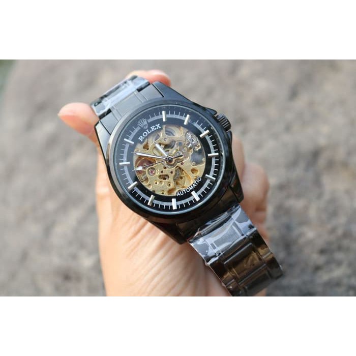 JAM TANGAN PRIA ROLEX AUTOMATIC SKELETON BESAR FULL BLACK (GOLD)
