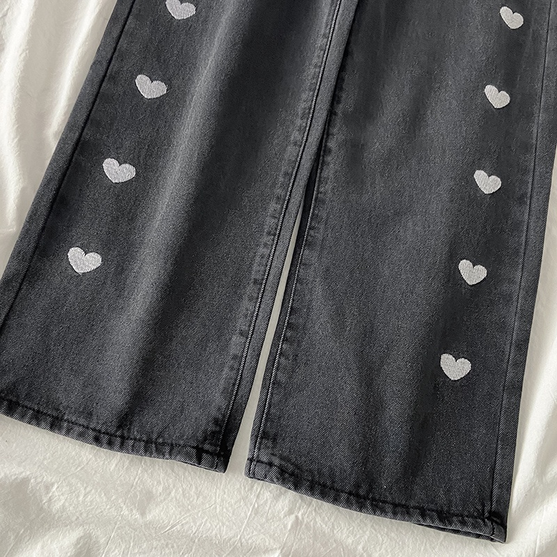 new Hitam Love embroidery Ccelana jeans panjang wanita