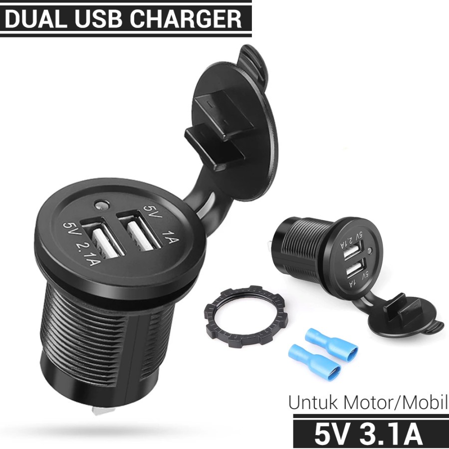 Charger di motor Ngecas di motor Dual USB Charger Motor NMAX AEROX dll Charger Mobil Waterproof 3.1A