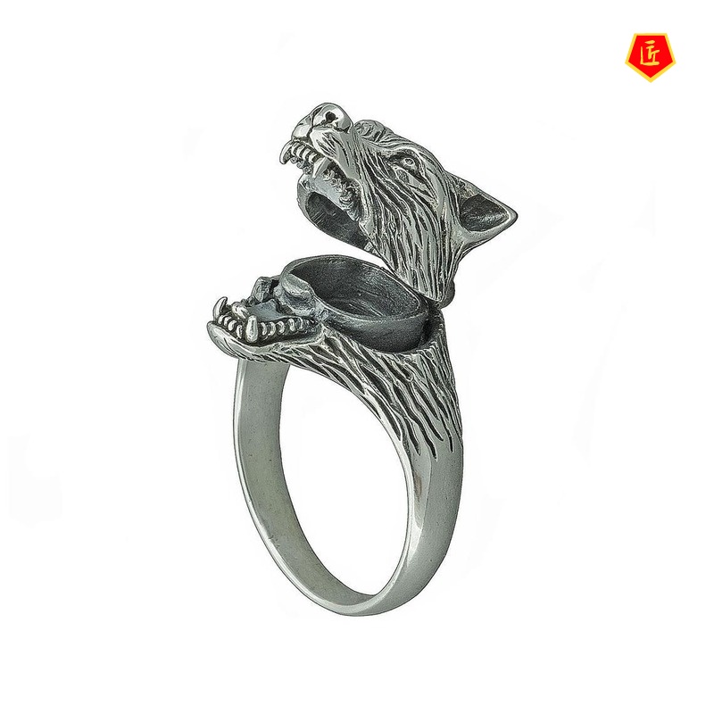 [Ready Stock]Creative Wolf Head Ring Retro Silver