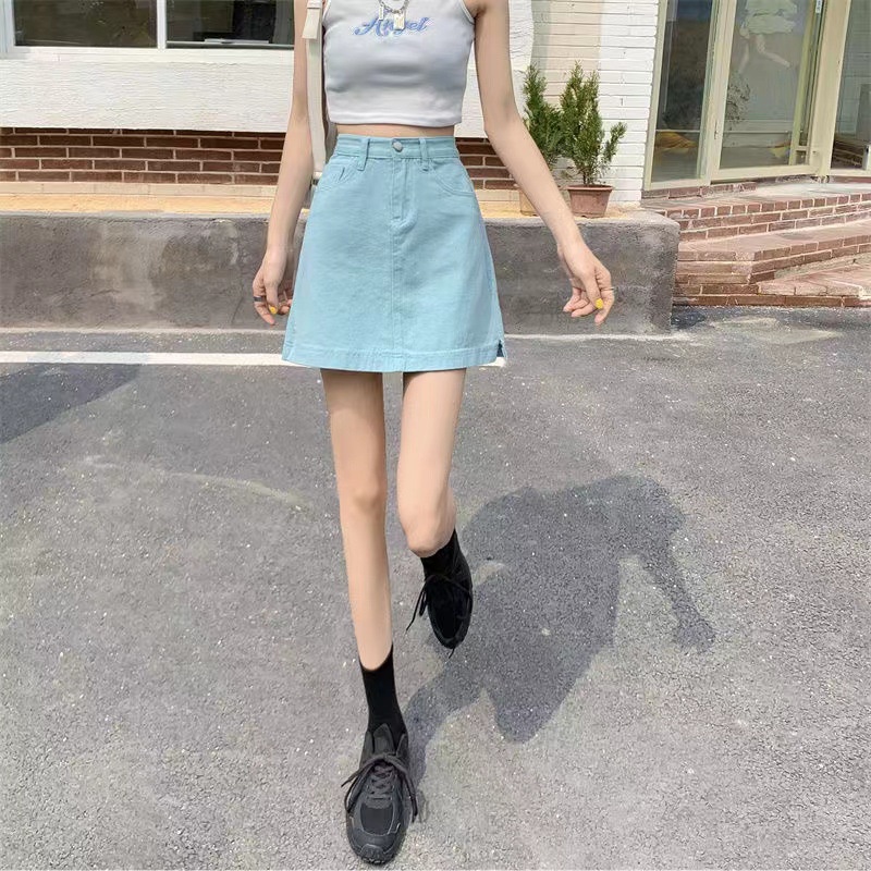 Rok Wanita Split Skirt Denim Rok Korean Syle Rok Pelangsing Rok Pinggang Tinggi Gaun A-Line Rok Fashion