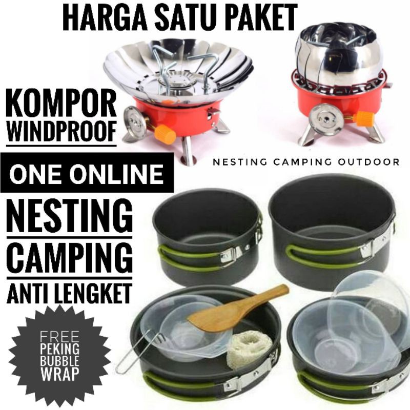 Paket alat masak camping dan kompor windproof