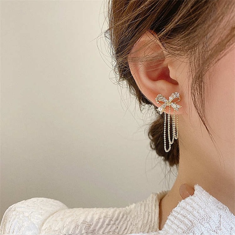 Anting Tusuk Gantung Temperament Desain Pita + Mutiara + Berlian Gaya Trendy Untuk Wanita