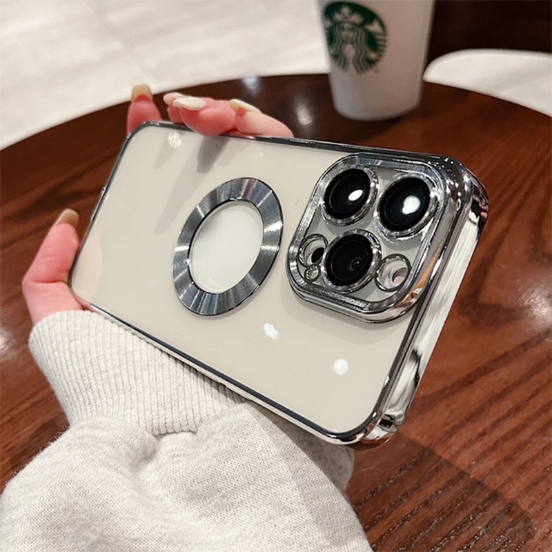 Premium Softcase Square Edge Clear Chrome iPhone 14 Pro Max 12 12 PRO MAX 11 PRO MAX XR 7 7+ 8 8+ SE 2 Lensa Soft Case Logo Apple Krom Electroplated Camera Pelindung Kamera Softcase Silikon Jelly Clear Cover Bukan Hardcase Silicone