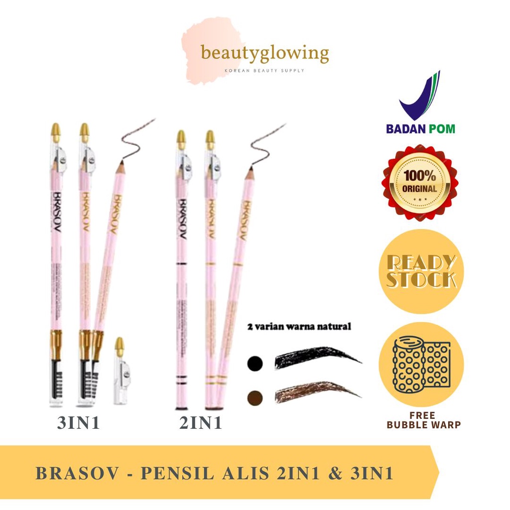 BRASOV Pensil Alis EYEBROW PENCIL BROW AWET TAHAN LAMA ANTI AIR HITAM COKELAT BLACK BROWN SIKAT BRUSH 2IN1 3IN1