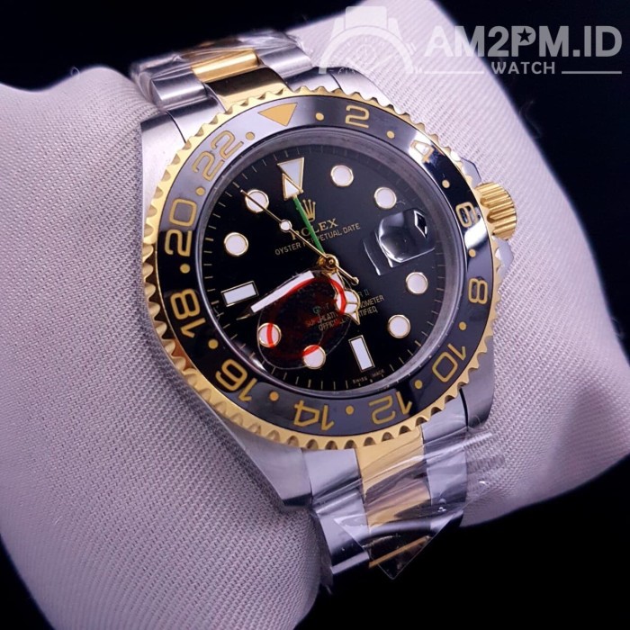 Suplier Jam Tangan Rolex GMT Master II Auto Gold Two Tone Black Ring