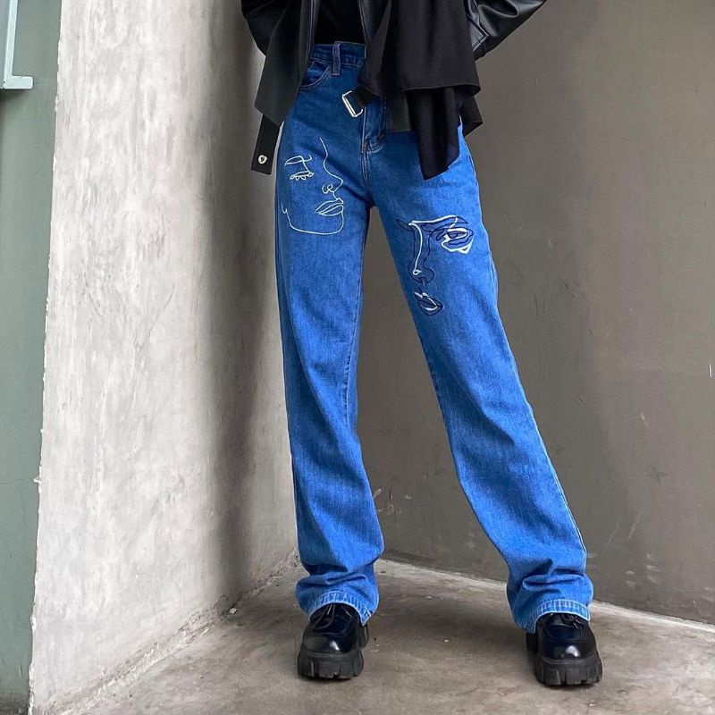 (27-30) FACE BORDIR HW LOOSE JEANS / MUKA BORDIR HW LOOSE JEANS / CELANA HIGHWAIST LOOSE JEANS WANITA CEWEK