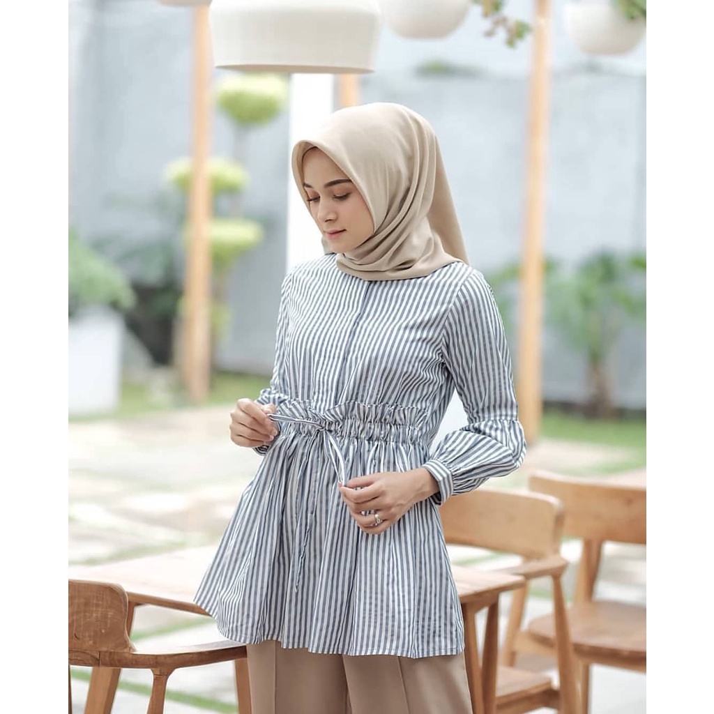 Baju Atasan Wanita Jumbo Lengan Panjang Erafa Blouse Bahan Katun Salur  Kemeja Wanita Pakaian Wanita Korean Style Blouse Pinggang Karet Meral