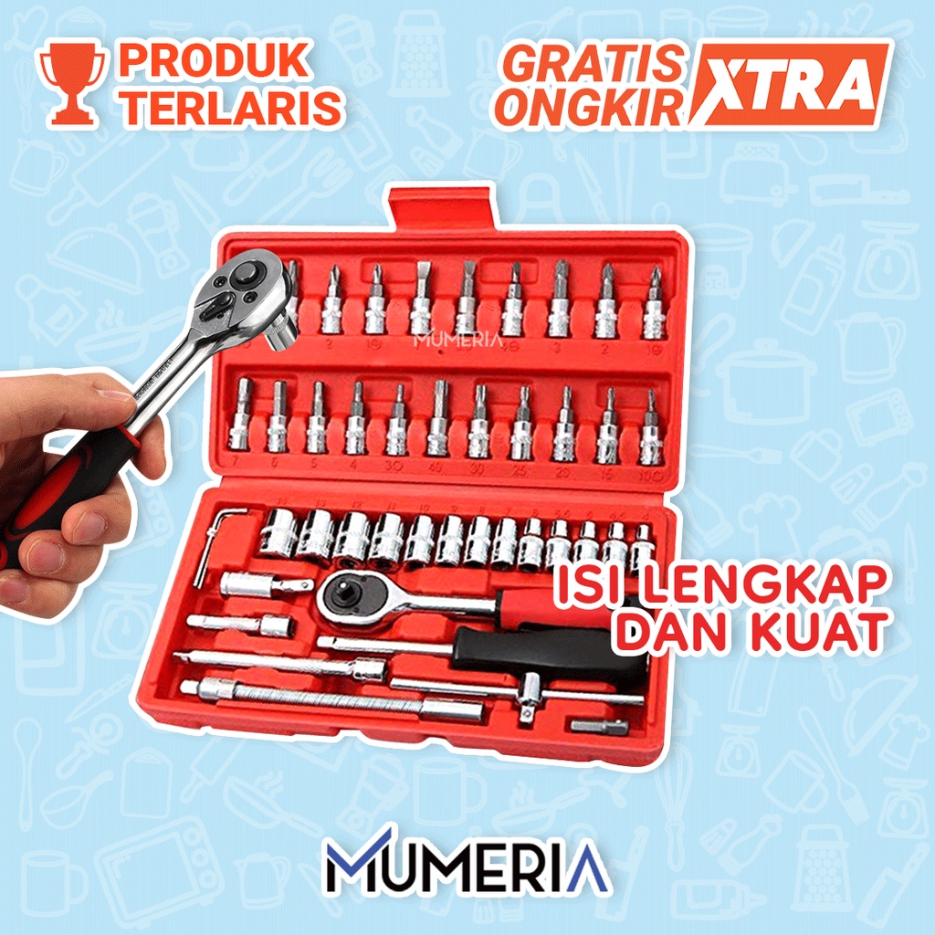 Kunci Pas Shock Sok Socket Ring Wrench Obeng Peralatan Universal Set 46 in 1 Bengkel Mobil Motor