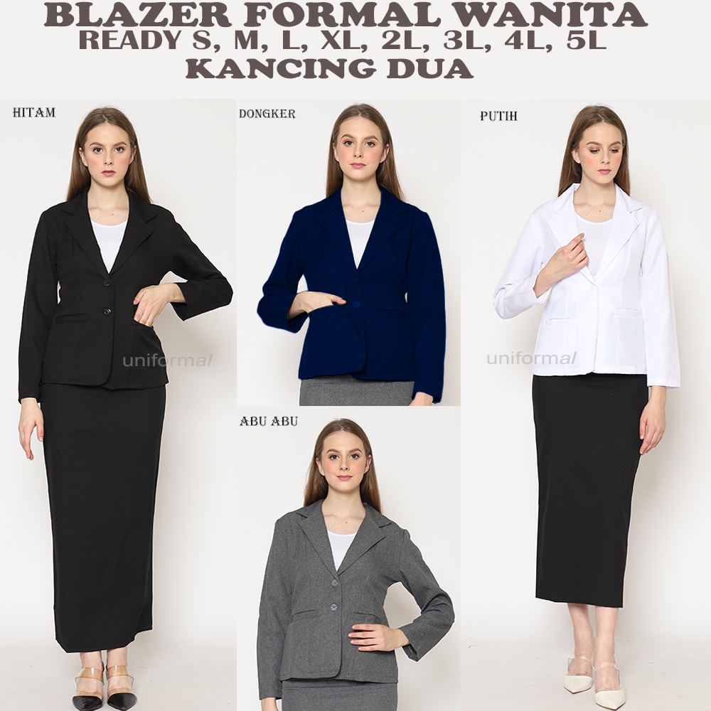 Blazer Formal Wanita, HITAM PUTIH ABU DONGKER S-5L JUMBO BIG SIZE Blazer Kantor Wanita, Blezer Cewek Kancing 2 Bahan Gabardine Atasan Kerja Cewe Kancing Dua Murah Trendy Untuk Sekolah Interview Wisuda Perpisahan Korea Import Dokter Bidan Ukuran Slimfit