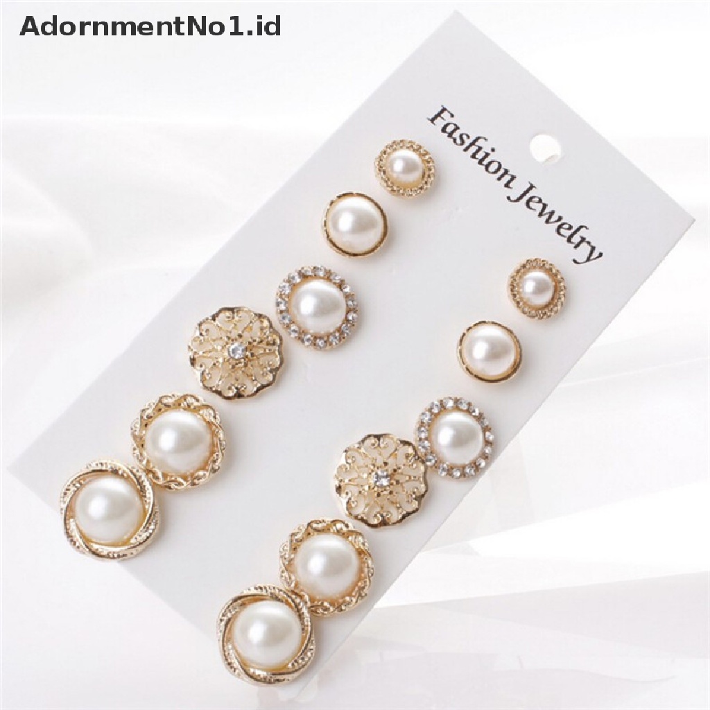 (AdornmentNo1) 6 Pasang / Set Anting Tusuk Motif Tanda + Mutiara + Berlian Imitasi Untuk Perhiasan Wanita (ID)