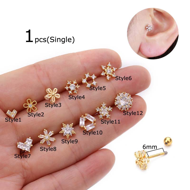 1piece Earrings Stainless Steel Zircon Stud Tragus Helix Piercing 20G 6mm Length