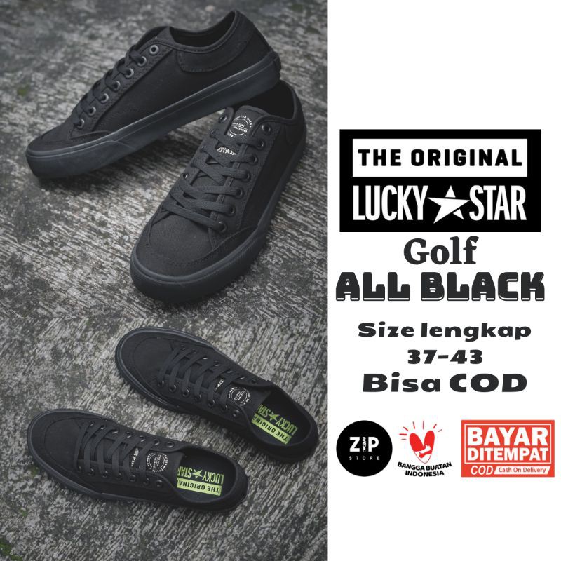 SEPATU LUCKY STAR GOLF ALL BLACK LOW ORIGINAL SNEAKER LUCKY STAR HITAM SEPATU SEKOLAH JALAN SKATE