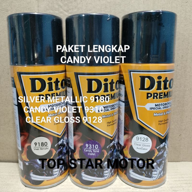 Pilok Paket Lengkap Cat Diton Premium Silver Metallic 9180 Candy Tone Violet 9310 Clear Gloss 9128 400cc.. Pilok Paketan Candy Tone Violet Cat Semprot Diton Premium 400cc