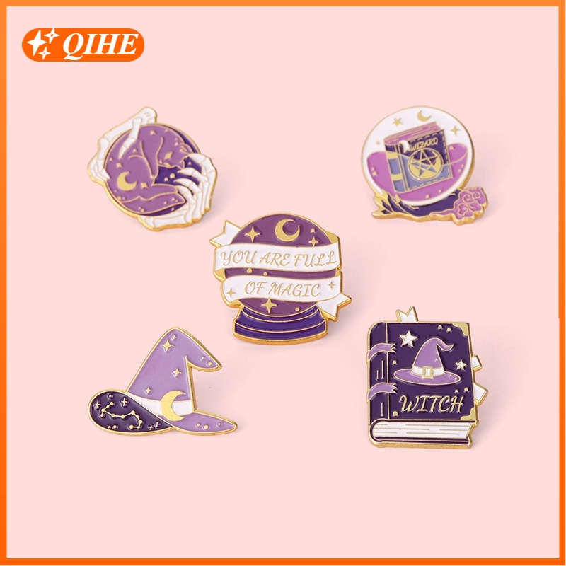 5 Styles Magic Ename Pin Magic Book Pin Witch Hat Pin Divination Crystal Ball Pin Witchcraft Badge Brooch Lapel Pin Gift for Friend