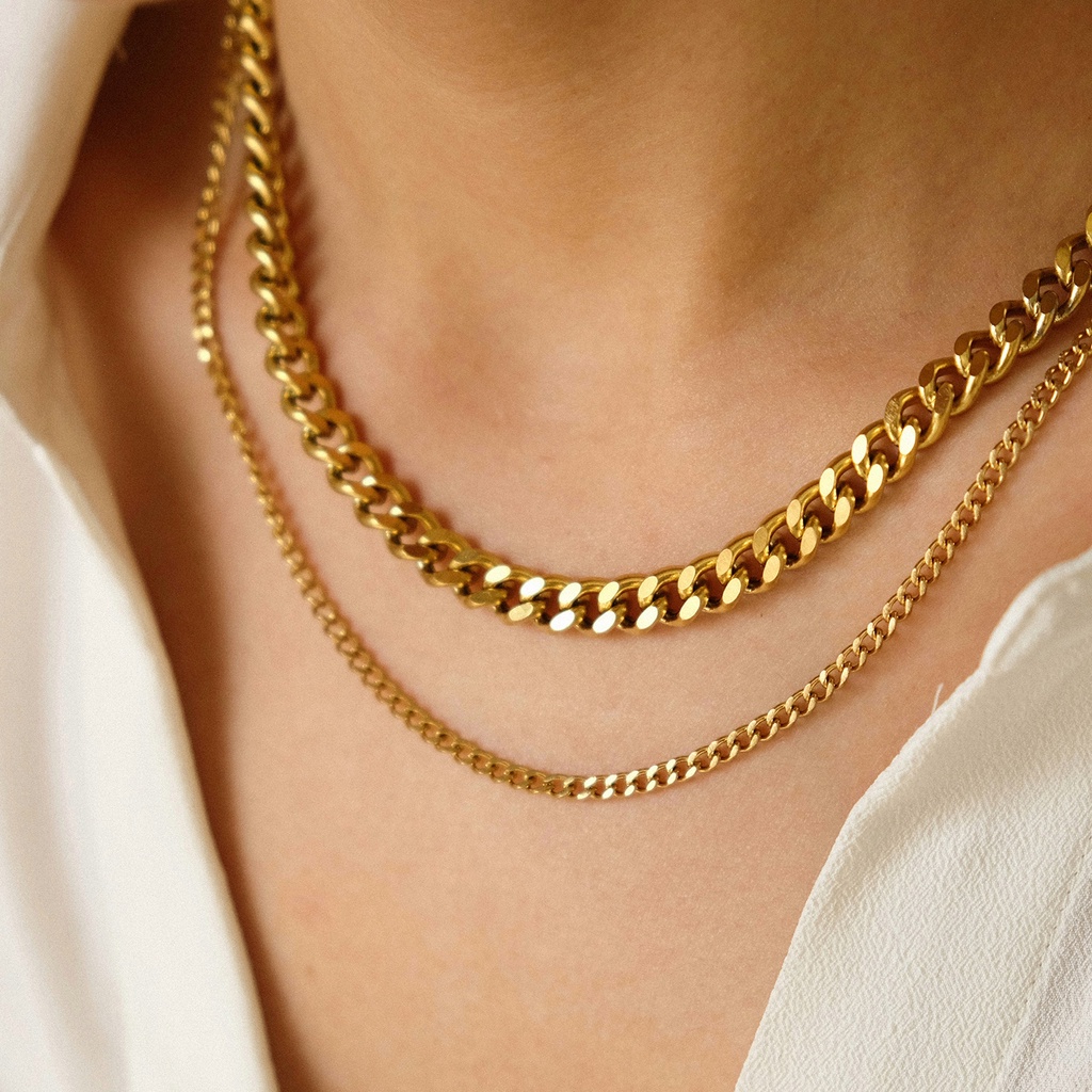 Curb Link Chain Necklace — 18K Gold Rose Gold Plated Stainless Steel Kalung Rantai Anti Karat