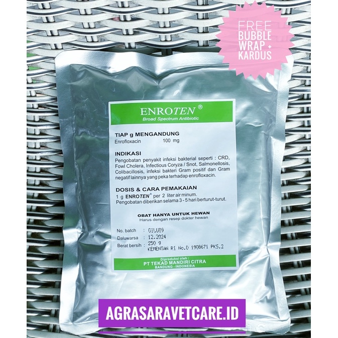 ENROTEN 250 GRAM (enrofloxacin serbuk) obat flu, snot, crd, coli hewan ternak