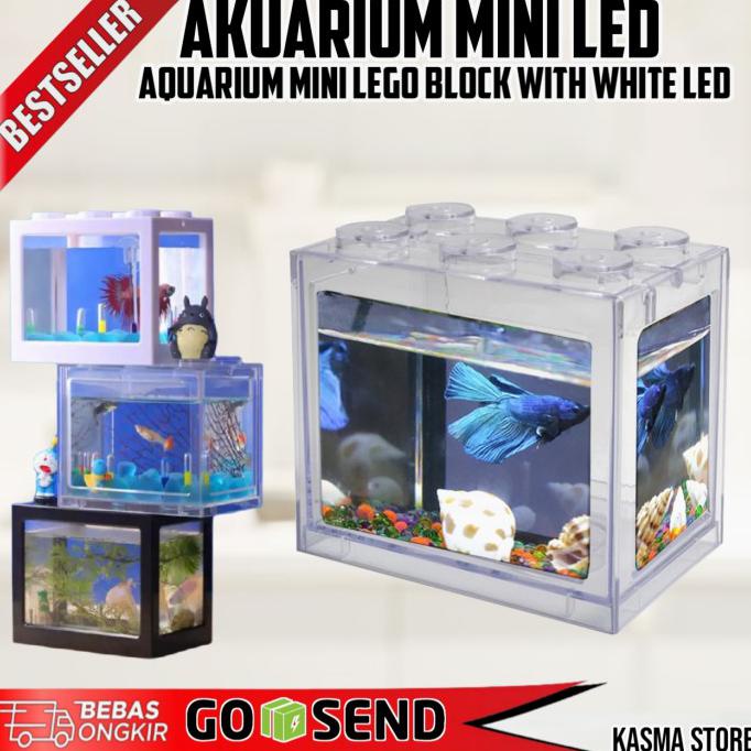 Aquarium Ikan Cupang Tempat Ikan Hias Mini Aquarium Lego Led - Putih