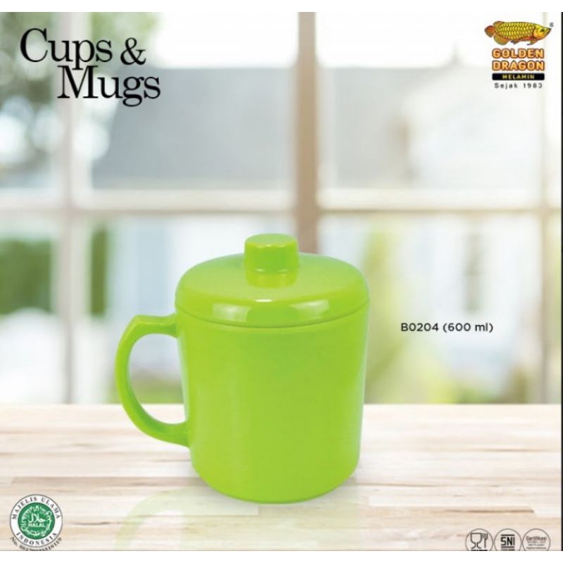 B0204 Gelas Melamin Gagang Besar dengan Tutup Merah Golden Dragon