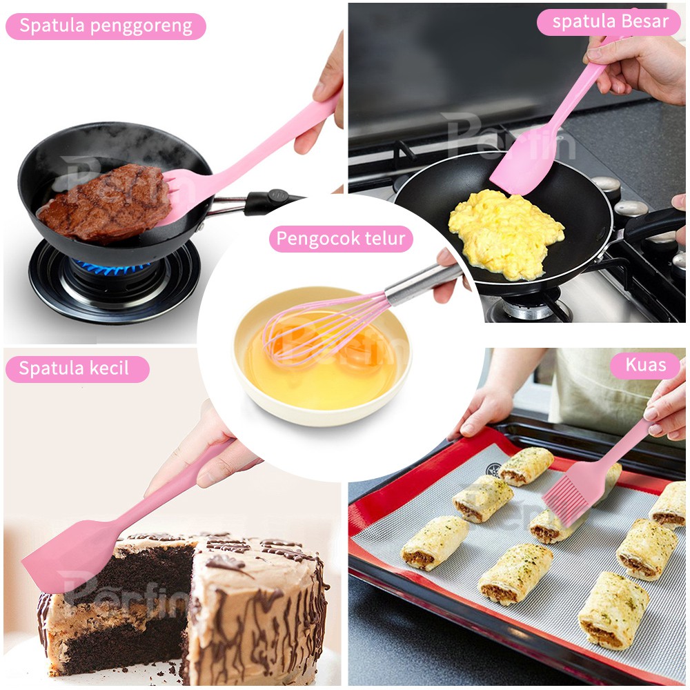 Perfin PFKCW01/PFKCW02 Spatula Silikon Tahan Panas 5pcs Spatula Set Alat Masak Set Sutil