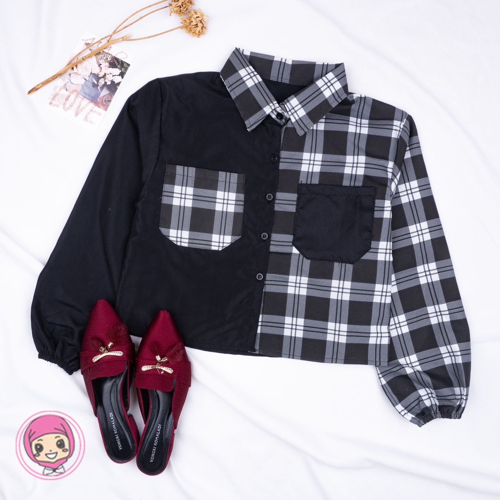 SALE!!! Mika Crop Top / Kemeja Crop Wanita Tartan / Kemeja Two Tone Kotak-4