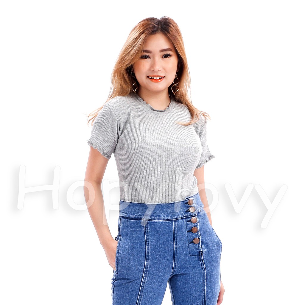 HOPYLOVY - Atasan Rajut Wanita Tshirt Kaos Rajut Kriwil Premium