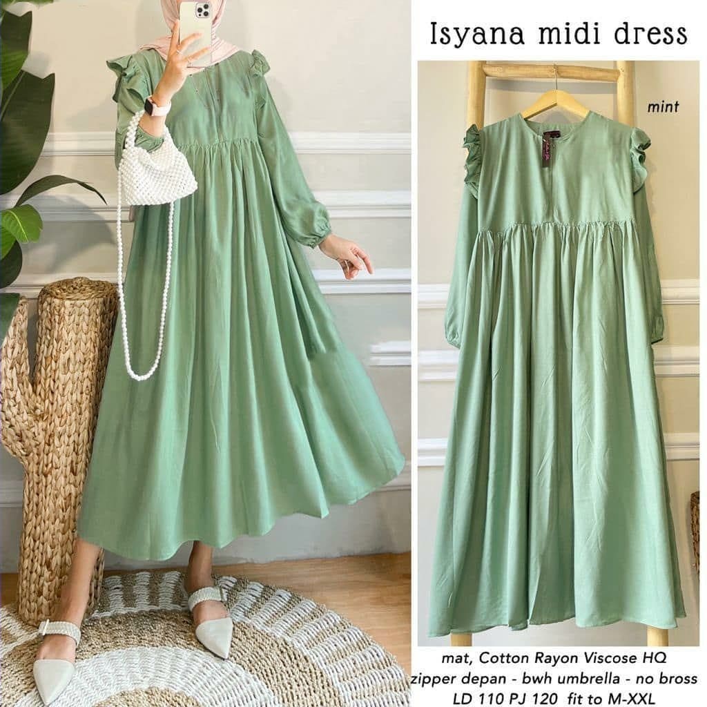 Isyana Midi Dress / Gamis Wanita Terbaru / Kekinian / Casual Dress Murah / Fashion Muslim