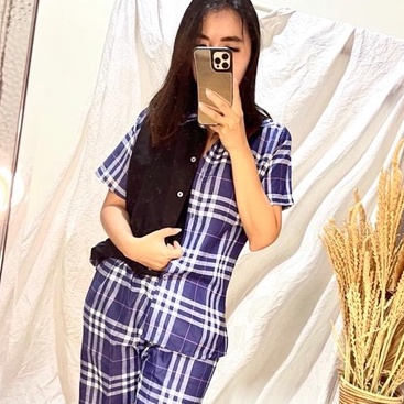 Morymony daily set homewar / setelan celana pendek / stelan baju wanita marble pastel-tartan navy