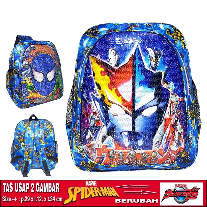 TAS RANSEL USAP 2 GAMBAR KARAKTER ULTRAMAN - SPIDERMAN ANAK SEKOLAH TK / SD TAS SEQUIN