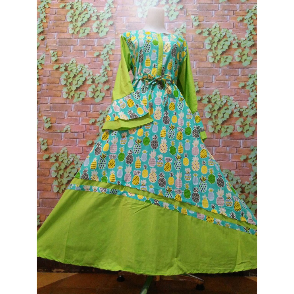 Gamis katun jepang cotton japan katjep busui tangan rempel busana muslim baju homedress rayon nanas kotak daun hijau biru tran