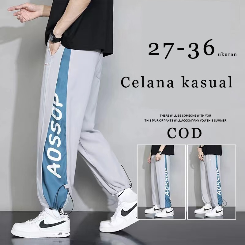 Celana pria biru Korea style kulot pria celana olahraga celana kasual pria elastis celana oversize pria loose pants pria 2023