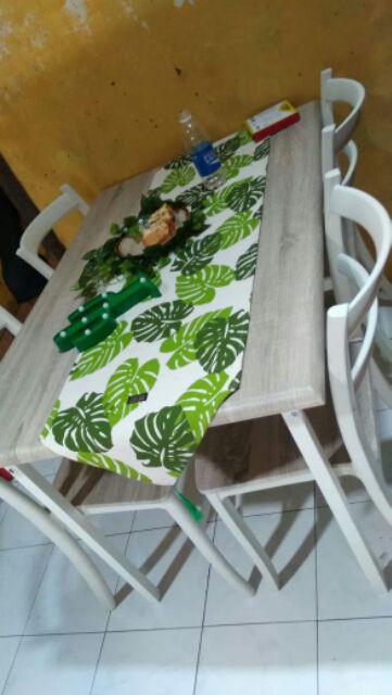 Taplak Meja Tamu Panjang Minimalis Mewah Modern Rumbai Tassel - Motif Daun Monstera