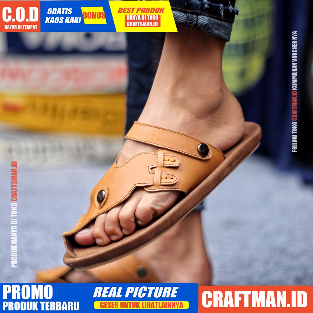 CRAFTS LUCKY SANDAL KULIT PRIA BLACK BROWN SENDAL CASUAL JEPIT PRIA