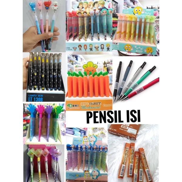 

pensil isi karakter lucu dan pensil biasa | perlengkapan alat tulis menulis