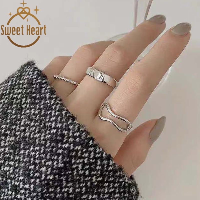 3pcs/set Ins Trend Fashion Design Twist Ring Female Fashion Personality Retro Cold Wind Index Finger Ring Sweet Heart Jewelry