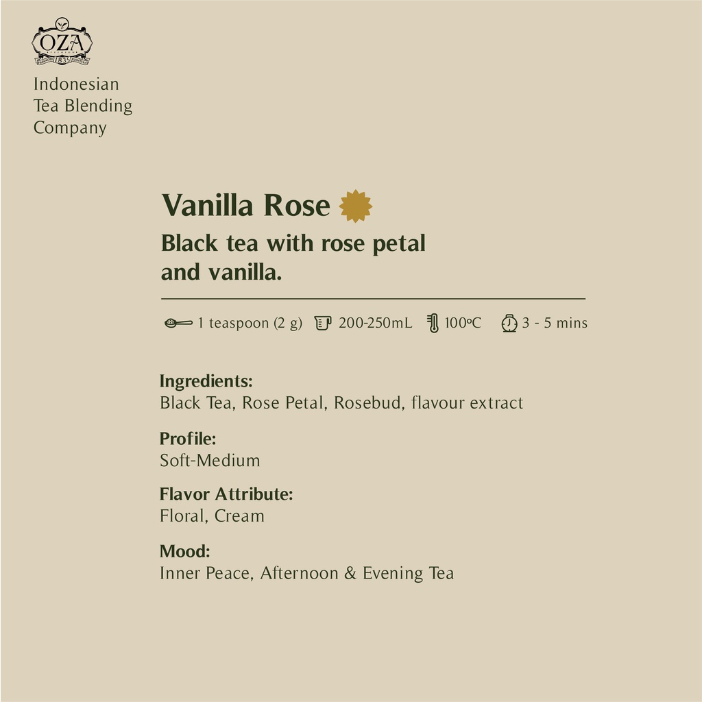 

RK12 OZA Tea - Vanilla Rose Artisan Tea - Black Tea Specialty Grade Teh Premium 40 gram (20 cups)