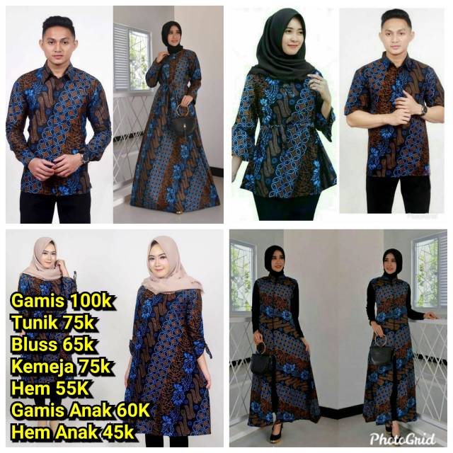 Saroja (078) Couple Keluarga Batik Gamis Batik Katun Premium Motif Seno Biru