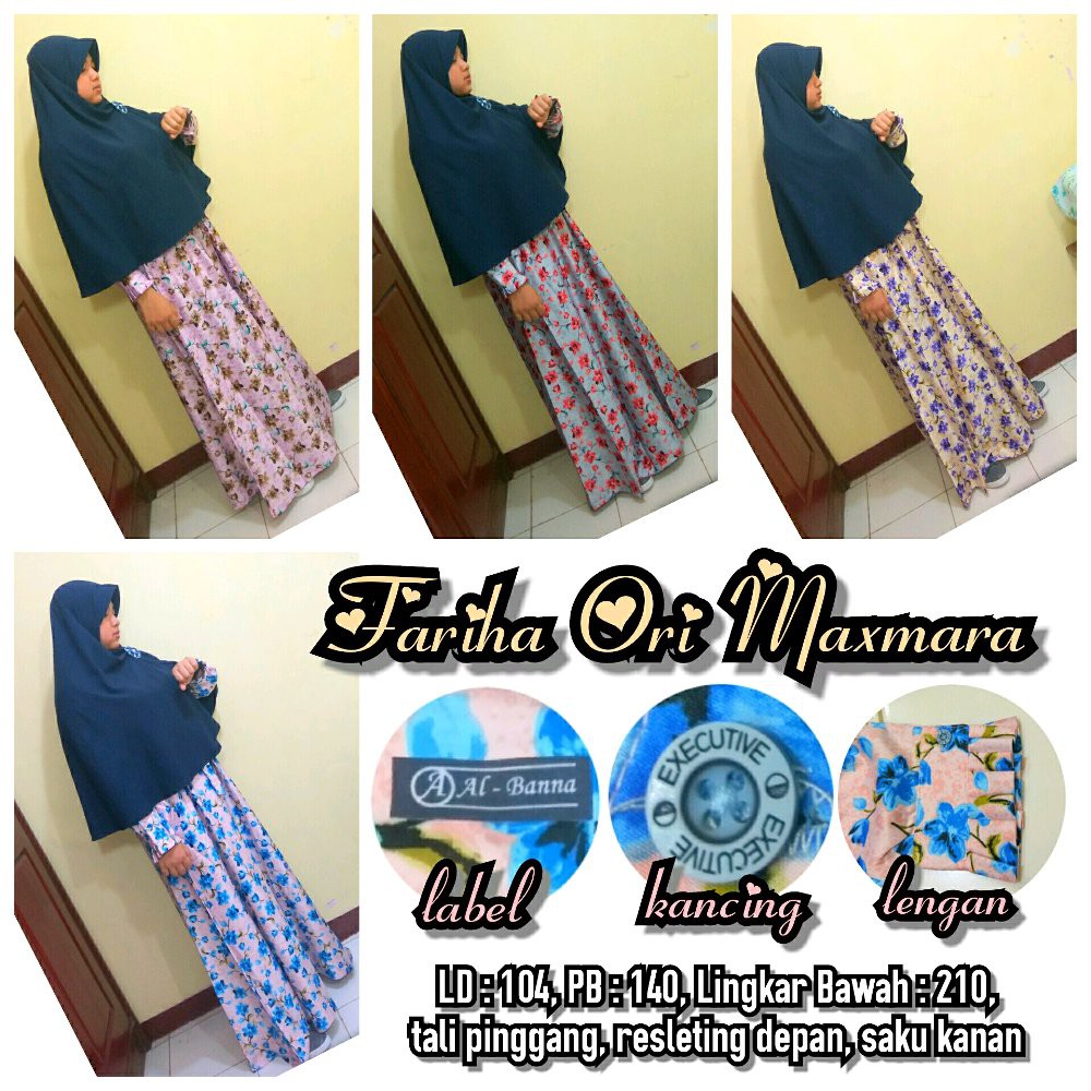 Diskon Gamis maxmara Syari murah 100 persen ori XL motif bunga peach ungu kuning gold abu grey