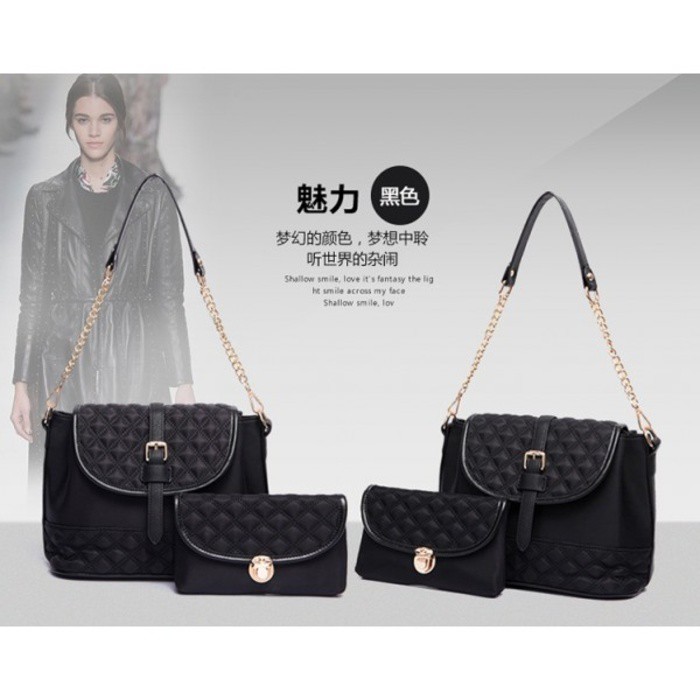 tas tangan hitam 2 in 1 pcs wanita bisa selempang model parasut unik supplier first hand bag