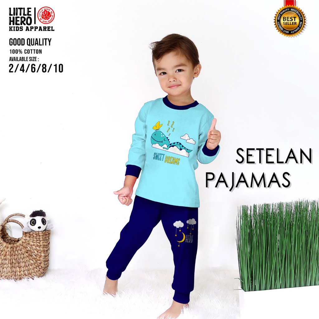 PIYAMA ANAK MEREK LITTLE HERO AND MISEL 2-8 TAHUN BAHAN KATUN SOFT 24'S SABLON RUBBER ANTI PECAH