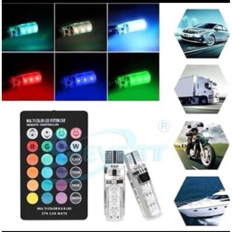 LAMPU LED SENJA T10 MOTOR MOBIL / STROBO RGB WIRELESS / 6 TITIK DENGAN REMOTE ON OFF