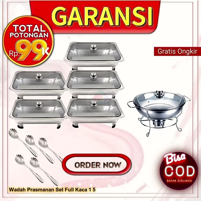 Wadah Prasmanan Saji Set Stenlis Dengan Tutup Kaca 1 Bulat 5 Kotak