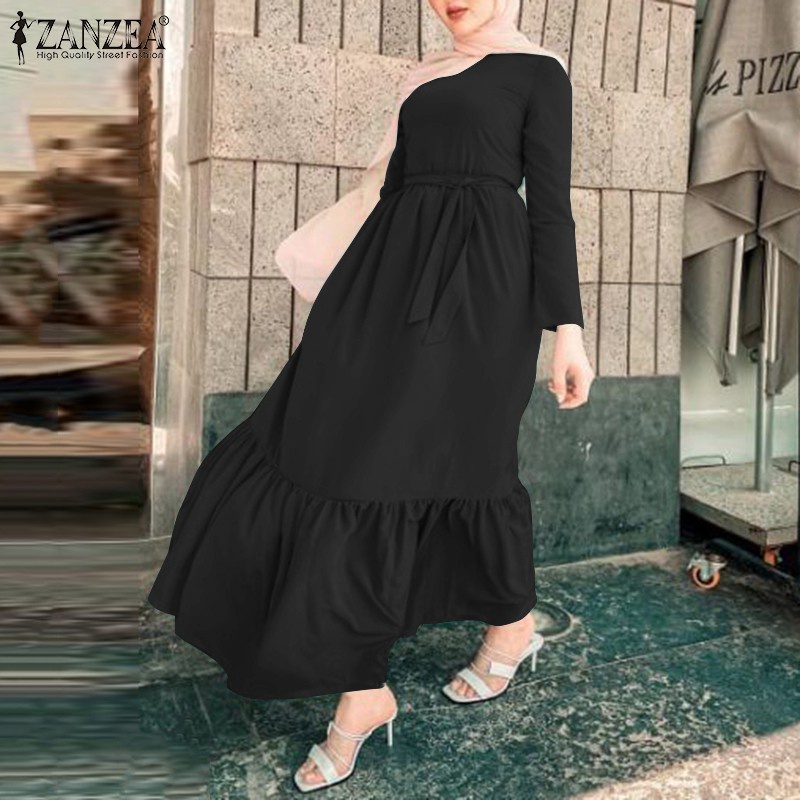 ZANZEA Women Casual Muslim Elastic Waist Belted Patchwork Maxi Dress