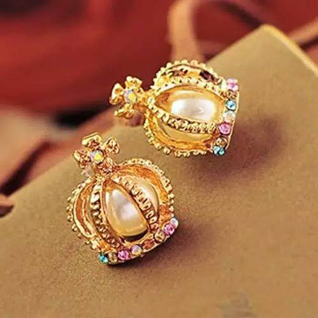 Anting mahkota mutiara permata warna warni korea anting stainless earings crown pearl WAWI