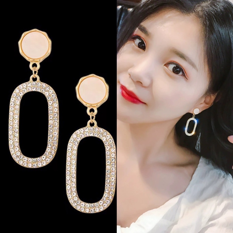 Anting Tusuk Gantung Panjang Desain Geometri Hias Berlian Gaya Jepang / Korea Untuk Wanita