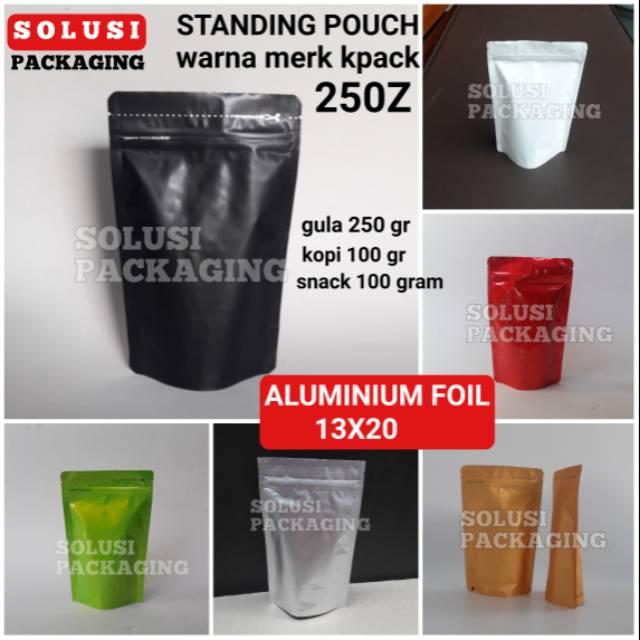 STANDING POUCH ALUMINIUM FOIL WARNA 13X20 KEMASAN KPACK PLASTIK KLIP